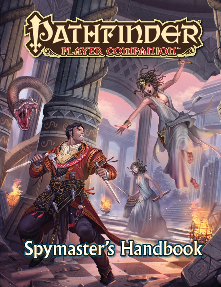Pathfinder Spymaster's Handbook: A dagger-wielding spymaster fights two Medusas and a giant snake in temple ruins