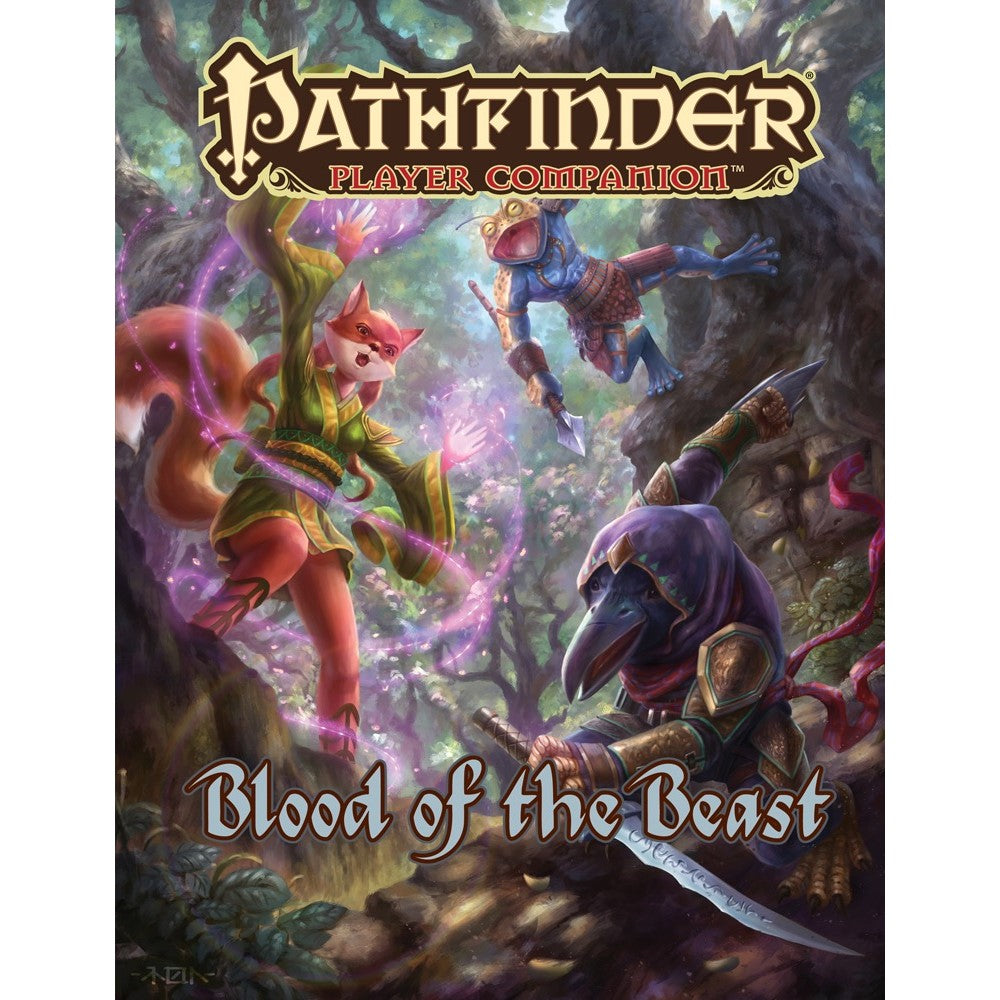 Pathfinder Player Companion: Blood of the Beast cover, features a magic-casting Kitsune, spear-wielding Grippli, and sword-wielding Tengu in a vibrant fantasy forest