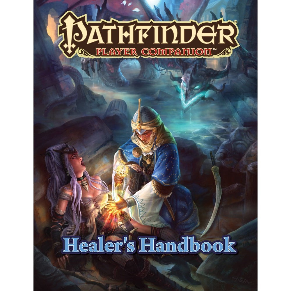 Pathfinder Player Companion Healer's Handbook cover shows a robed figure healing a woman in a cave, a dragon creature lurking in the background