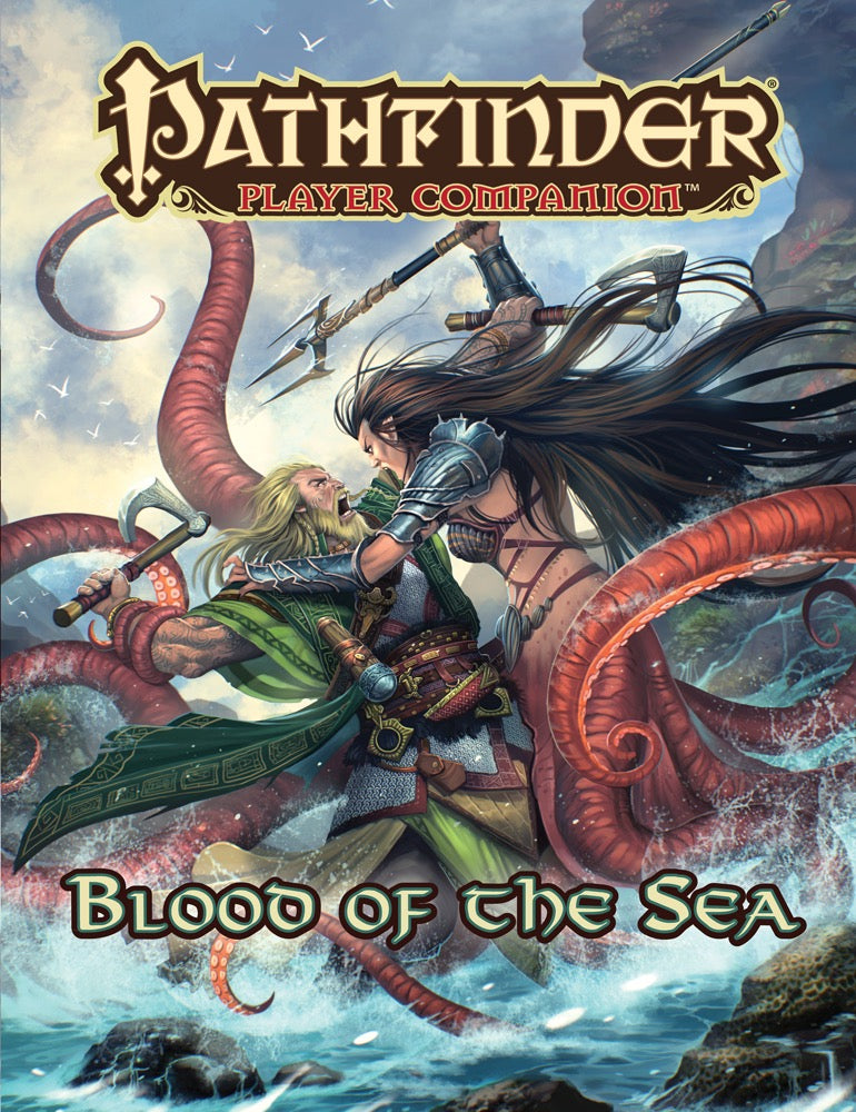 Pathfinder Player Companion Blood of the Sea cover: A bearded male warrior with an axe grapples a female warrior with a trident, both surrounded by giant red kraken tentacles in the ocean