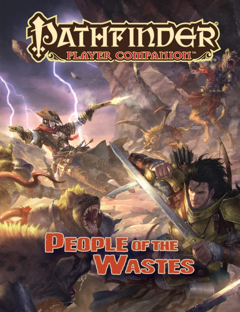 Pathfinder cover: A gunslinger and swordsman battle snarling hyena-monsters under lightning in a wasteland