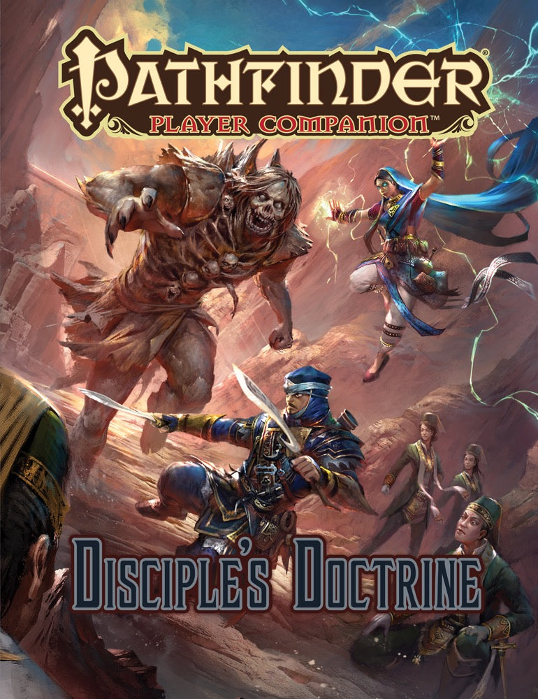 Pathfinder cover: Adventurers, including a spellcaster and dual-wielder, battle a monstrous zombie in a rocky canyon