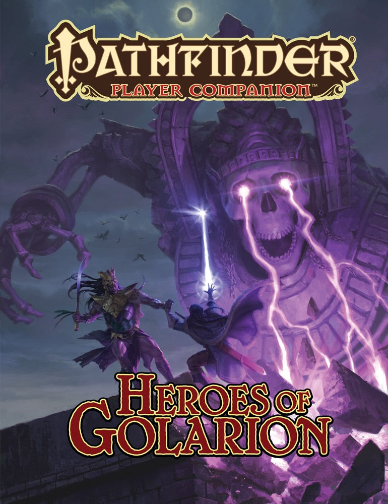 Pathfinder cover: Heroes battle a colossal purple skeletal giant -  casting spells and slashing swords under an eclipse