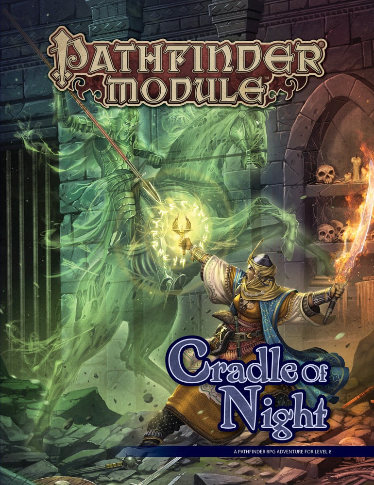 A warrior wielding a glowing sword confronts a ghostly green knight on horseback on the cover of the Cradle of Night book
