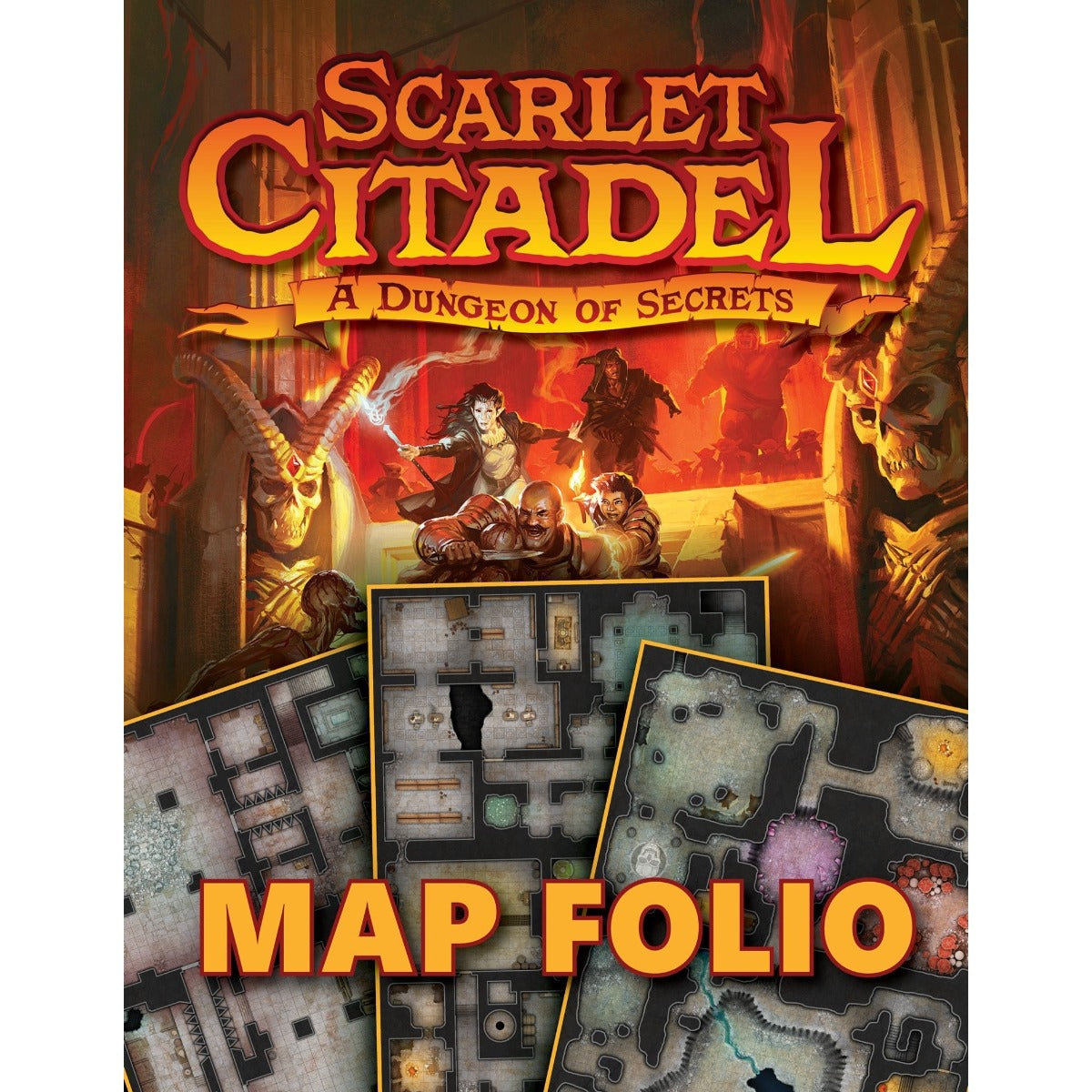 The Kobold Press Scarlet Citadel Map Folio cover shows fantasy adventurers battling creatures with multiple detailed dungeon maps and the text MAP FOLIO