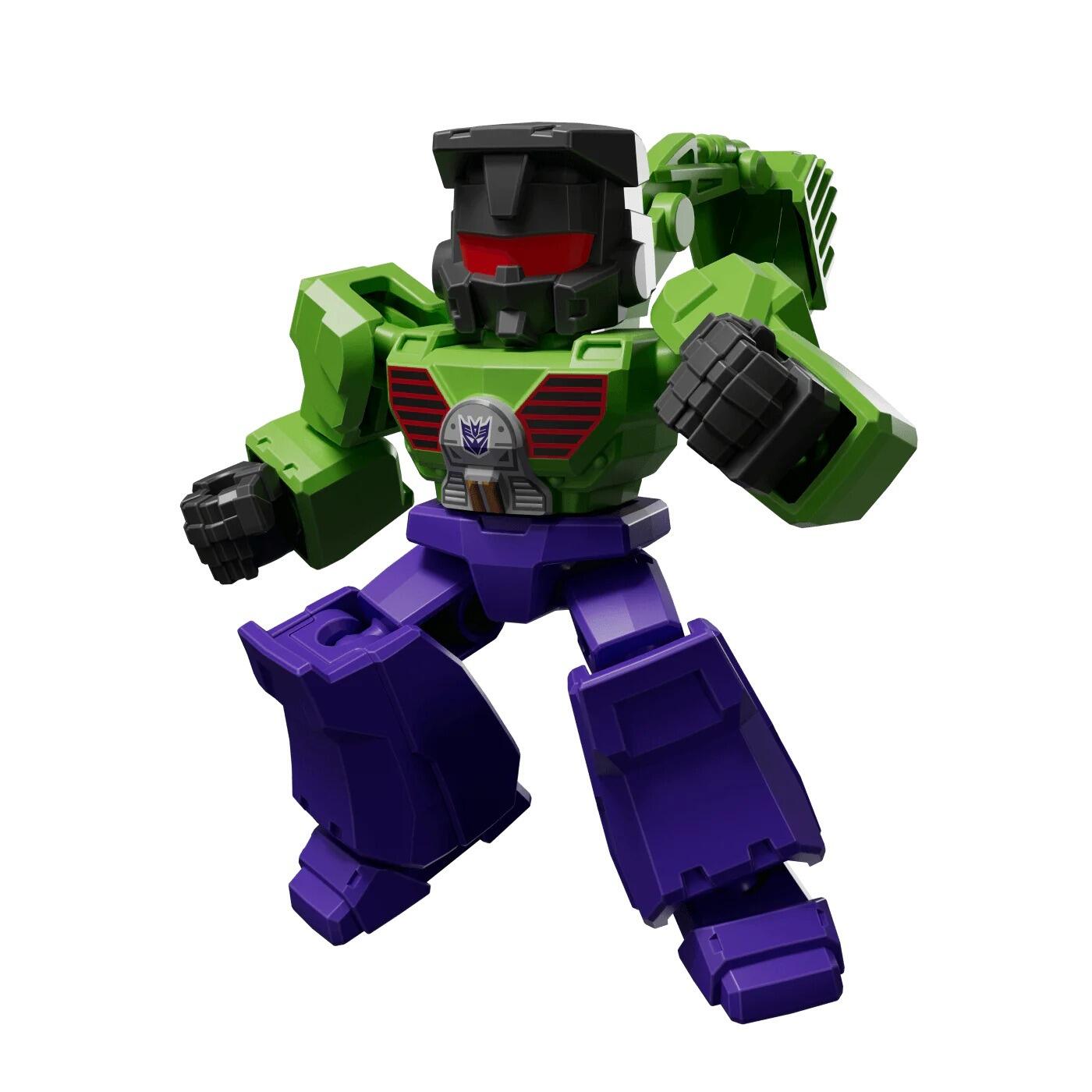 Green and purple robot toy (Constructicon style) standing ready with clenched fists