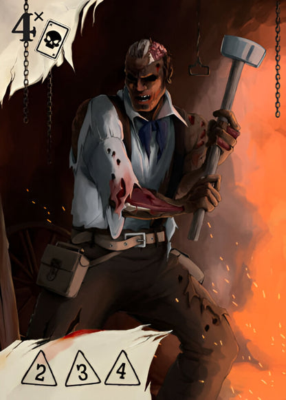 A menacing zombie-like man with an exposed brain and rotting arm holds a large hammer against a fiery forge