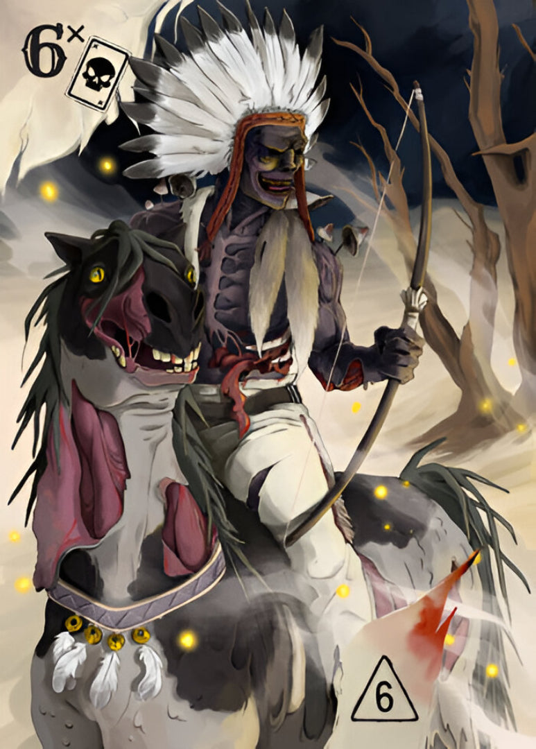 Dark fantasy art: Undead Native American warrior in feathered headdress riding a zombie horse, holding a bow