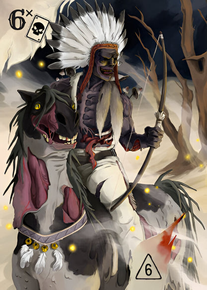 Dark fantasy art: Undead Native American warrior in feathered headdress riding a zombie horse, holding a bow