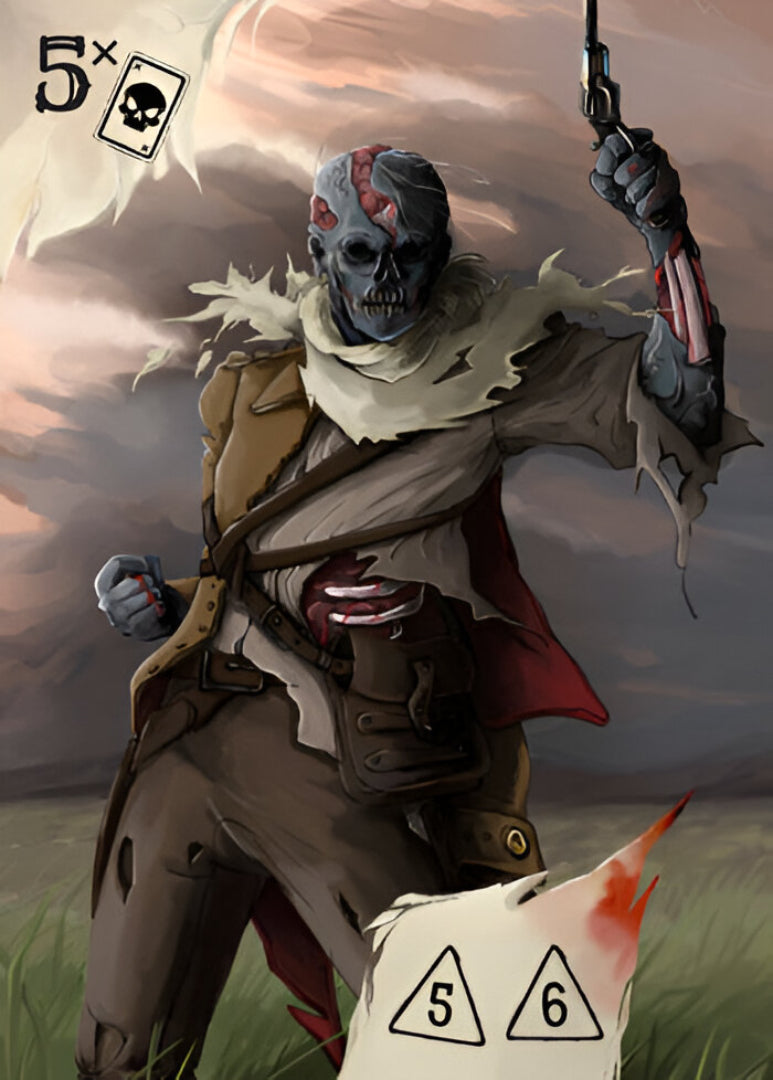 A tattered, decaying zombie with exposed brain, ribs, and arm raises a pistol, game UI in corners