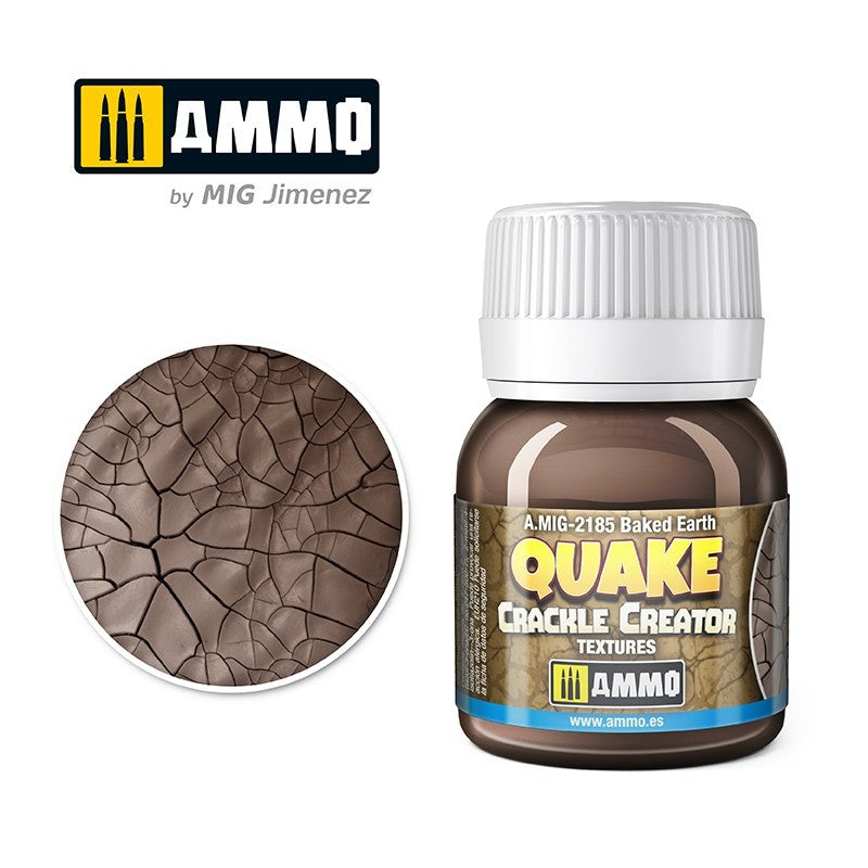 AMMO Quake Crackle Creator Baked Earth texture bottle next to a sample of realistic dry -  cracked earth