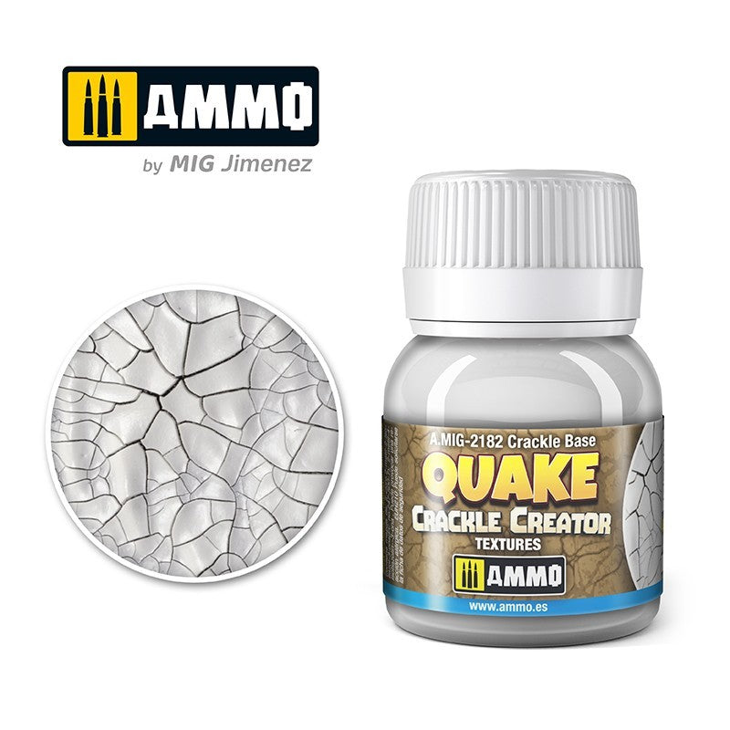 AMMO QUAKE Crackle Creator Textures bottle -  with a circular close-up of its white cracked effect
