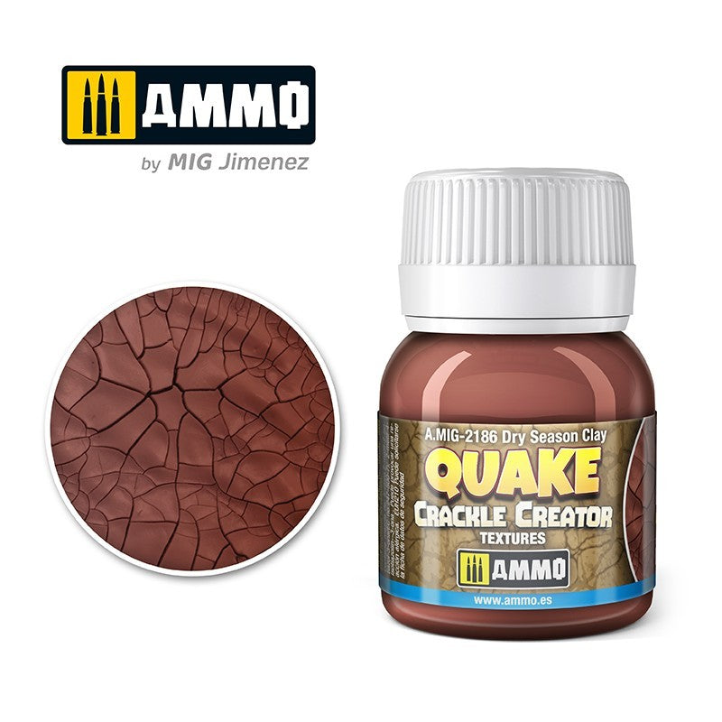 Brown AMMO QUAKE Crackle Creator paint bottle with a circular sample of cracked -  dry reddish-brown clay texture