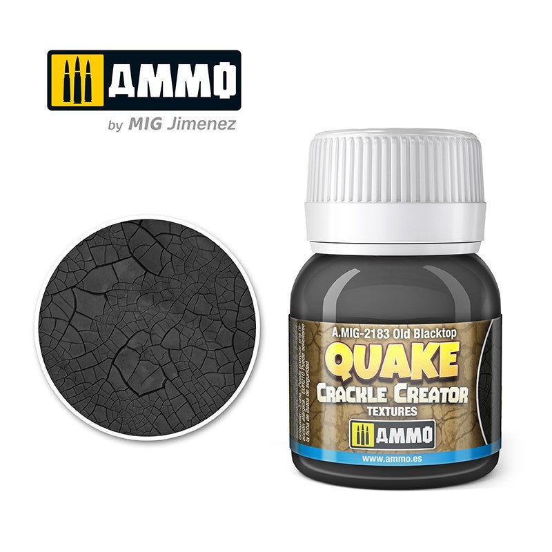 A bottle of AMMO Quake Old Blacktop Crackle Creator sits beside a circular sample of its dark gray cracked texture
