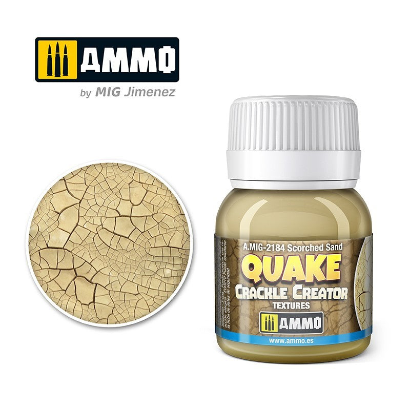 Bottle of AMMO Quake Scorched Sand crackle texture paint beside a circular sample of dry -  cracked earth