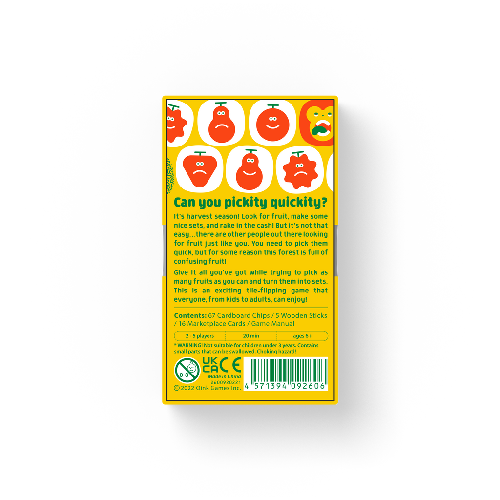 Back of "Can you pickity quickity" game box a fruit-picking tile game with cartoon happy sad fruits