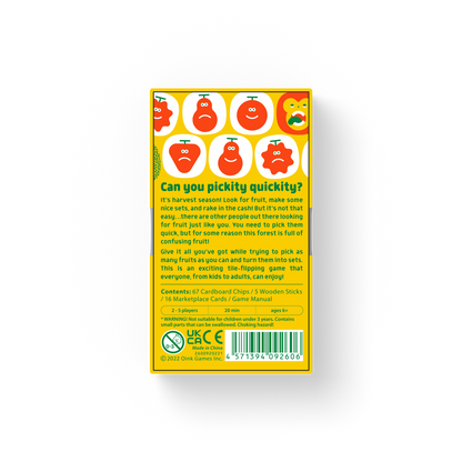 Back of "Can you pickity quickity" game box a fruit-picking tile game with cartoon happy sad fruits