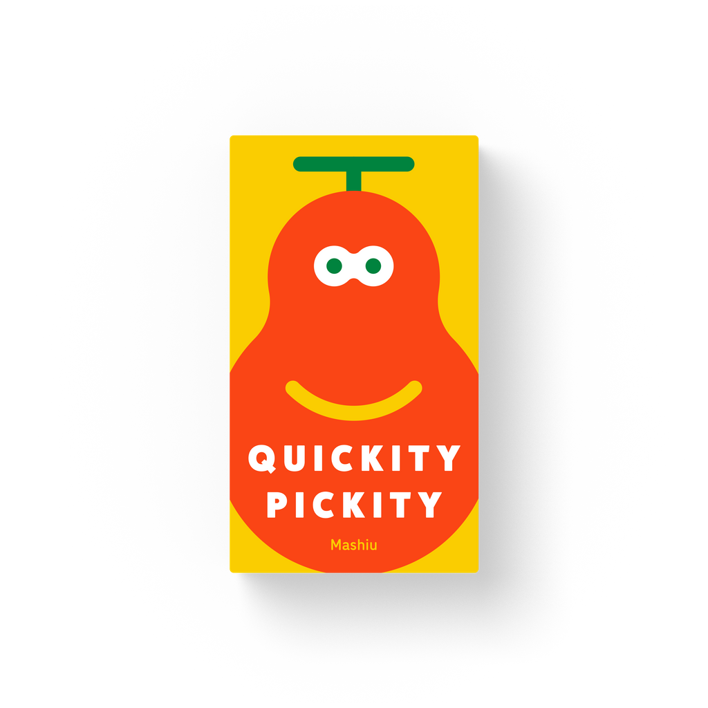 A yellow sign with a smiling red pear character green stem and "QUICKITY PICKITY Mashiu" text