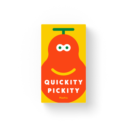 A yellow sign with a smiling red pear character green stem and "QUICKITY PICKITY Mashiu" text