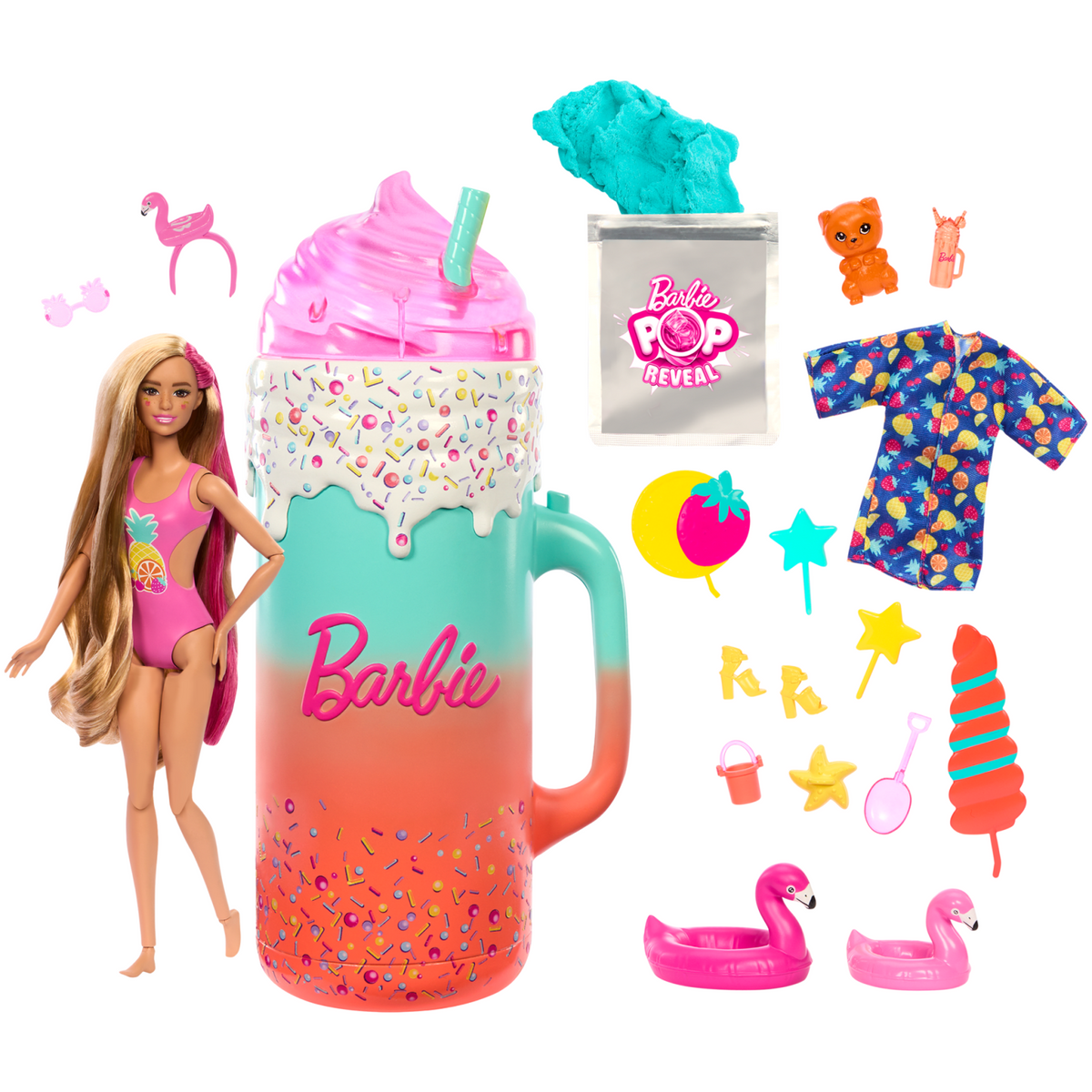 Barbie Pop Reveal doll in a swimsuit stands beside a large sprinkles cup, surrounded by beach-themed accessories