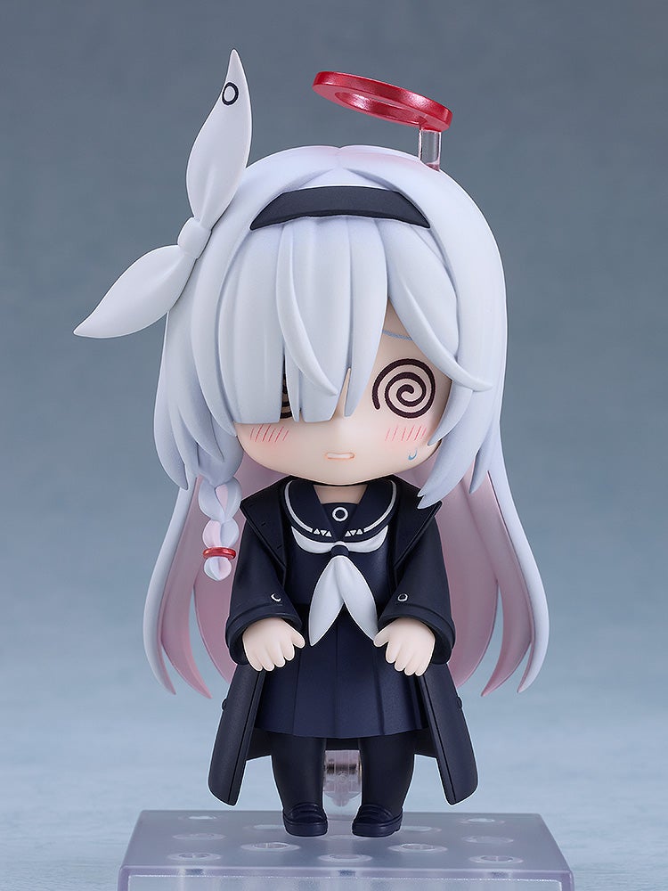 Blue Archive Plana Nendoroid anime figure in dark blue school uniform with white hair and halo