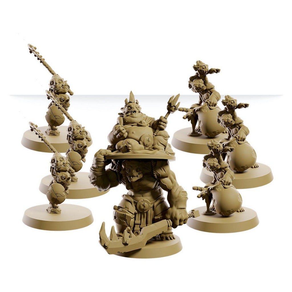 Unpainted set of grotesque miniatures: a large monster carrying a fat creature, skull totems, and imps on sacks