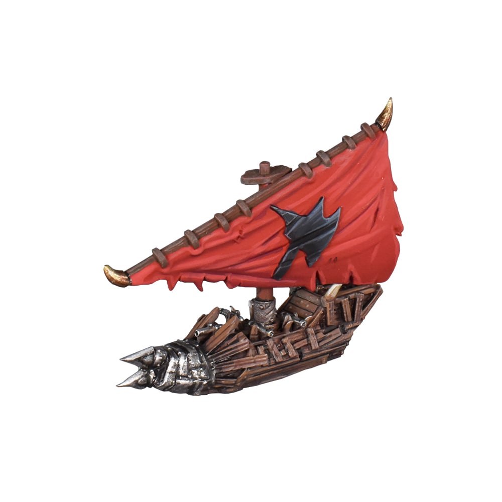 Kings of War Armada Orc Booster Fleet ship, brown wood hull, spiked front, red sail with black axe