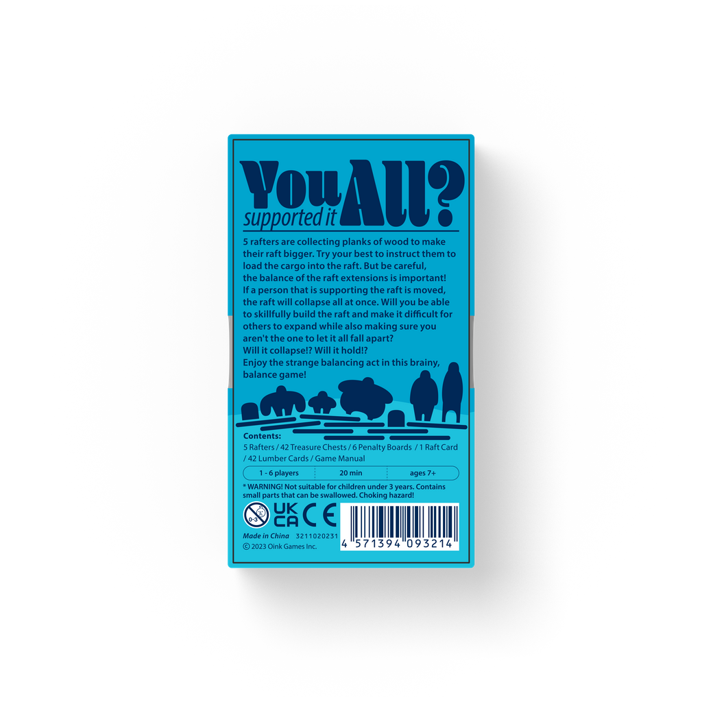 Oink Games You All Supported It balance puzzle game box in teal blue detailing gameplay for 1-6 players ages 7 with game contents listed