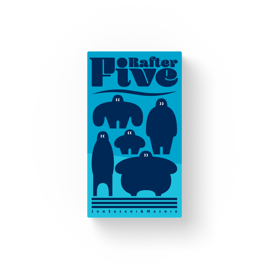 Oink Games Rafter Five balance puzzle box art featuring five abstract navy blue characters on a bright blue background with text Rafter Five