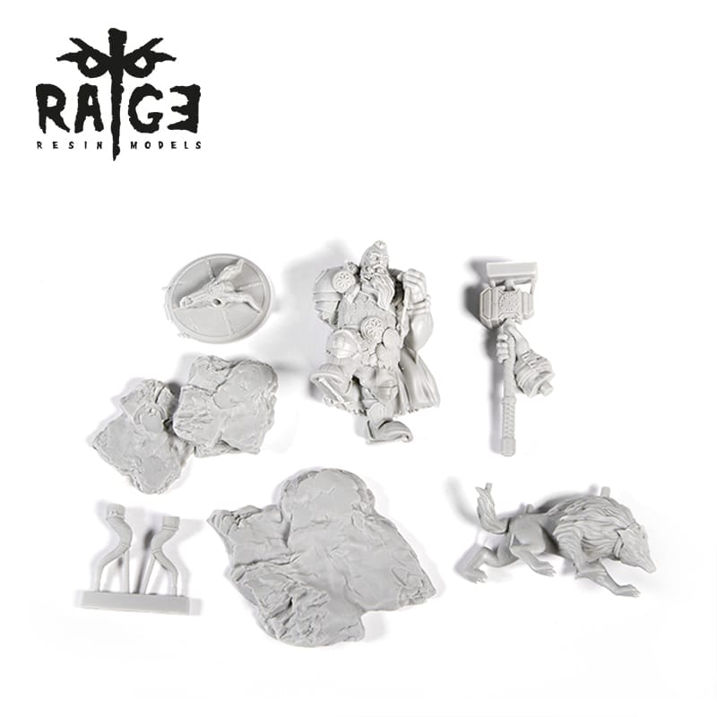Unpainted gray resin parts for the Halsten Wolf Nose Figure including a warrior, wolf, hammer arm, and base pieces