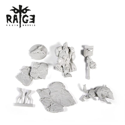 Unpainted gray resin parts for the Halsten Wolf Nose Figure including a warrior, wolf, hammer arm, and base pieces
