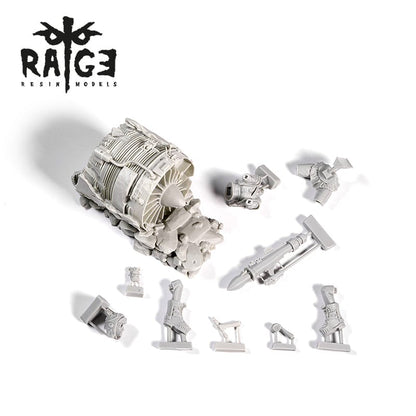 Unpainted grey resin model kit parts, including a damaged jet engine, weapons, and mechanical components