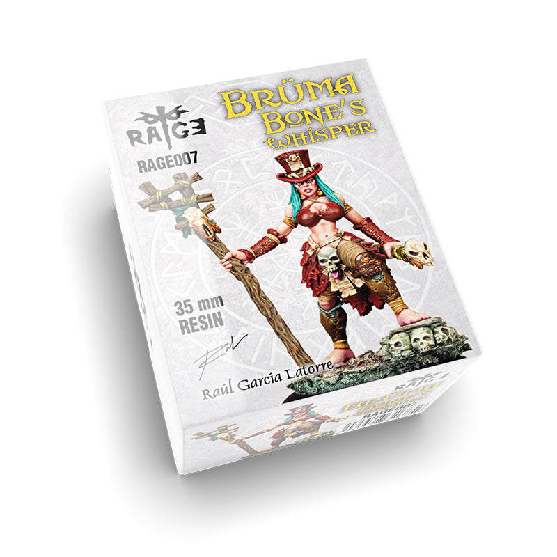 A white product box for the 35mm Bruma Bone's Whisper figure, showing a female character with turquoise hair, a staff, and skulls