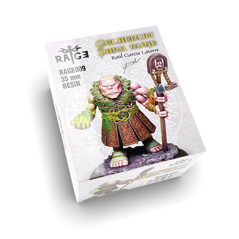 A white product box featuring the Gelberum Dark Rune figure, a muscular green-skinned character holding a staff, labeled as RAGE009 35 mm resin