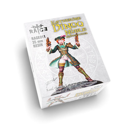 The box for the Katherine Vinoq Noble Adventurer Figure, showing a 35mm resin miniature of a woman in a green coat holding two pistols and the model number RAGE011