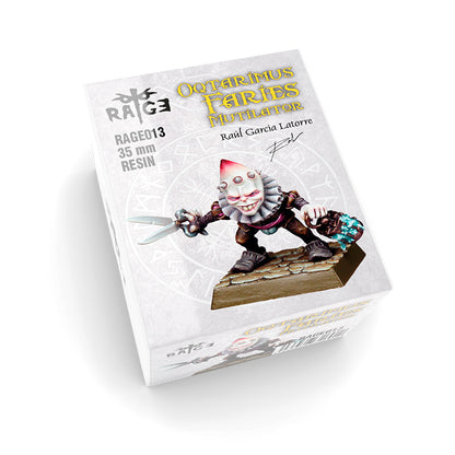 Oqtarimus Faries Mutilator figure box, angled, featuring a creepy fairy holding large scissors and a glowing bag on a stone base