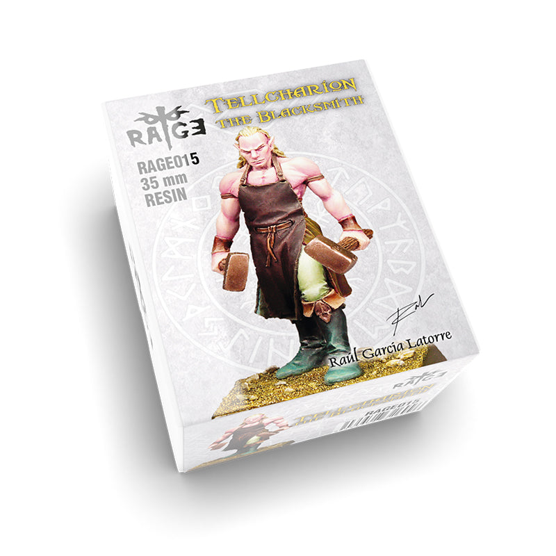 A white product box for the Tellcharion The Blacksmith Figure, featuring an elf-like male in an apron holding two hammers, with RAGE015 and 35 mm resin details