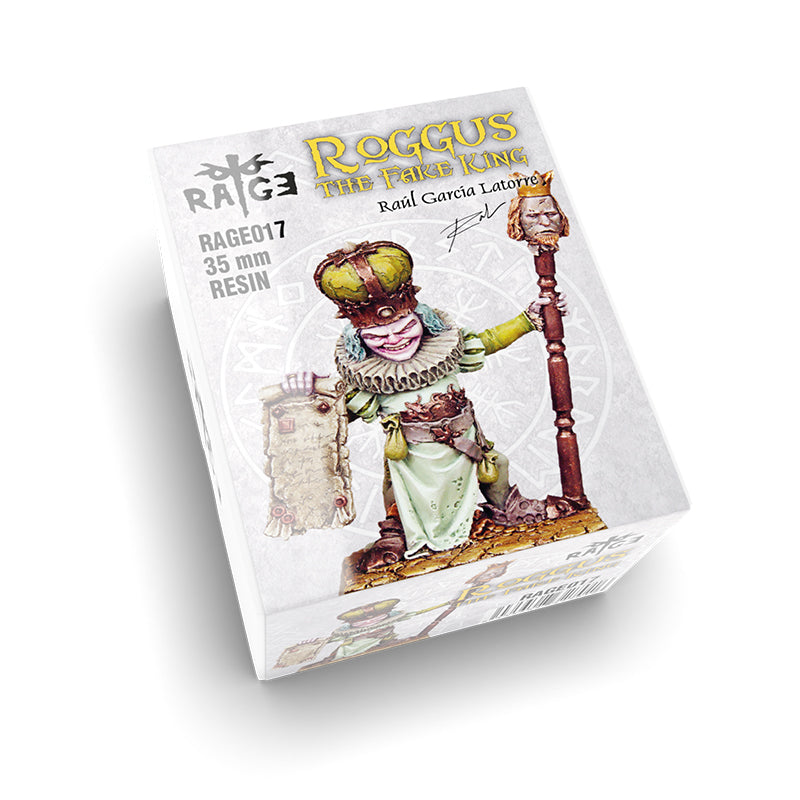 The Roggus The Fake King Figure box features a crowned, jester-like character in green robes holding a scroll and a staff with a crowned head
