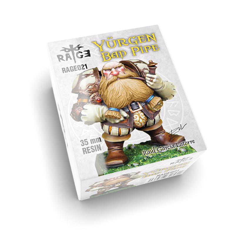 A white product box for a 35mm resin figure, showing a stout, bearded character named Yürgen Bad Pipe holding a pipe