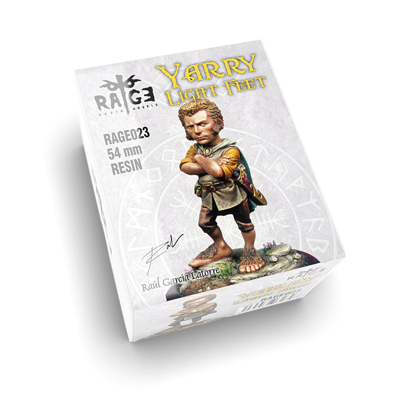 A white box for the Yarry Light Feet resin model, featuring a small, short-haired character with bare feet and crossed arms standing on rocks