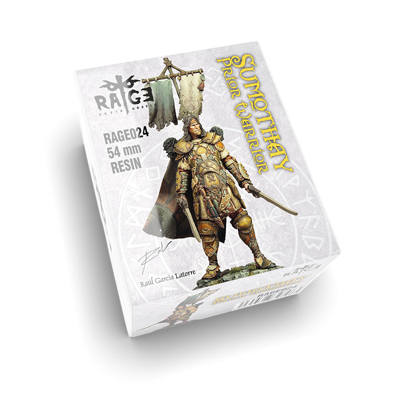 Box for the Sumothay Prior Warrior 54mm resin figure, featuring an armored warrior with two swords and a banner on a textured background