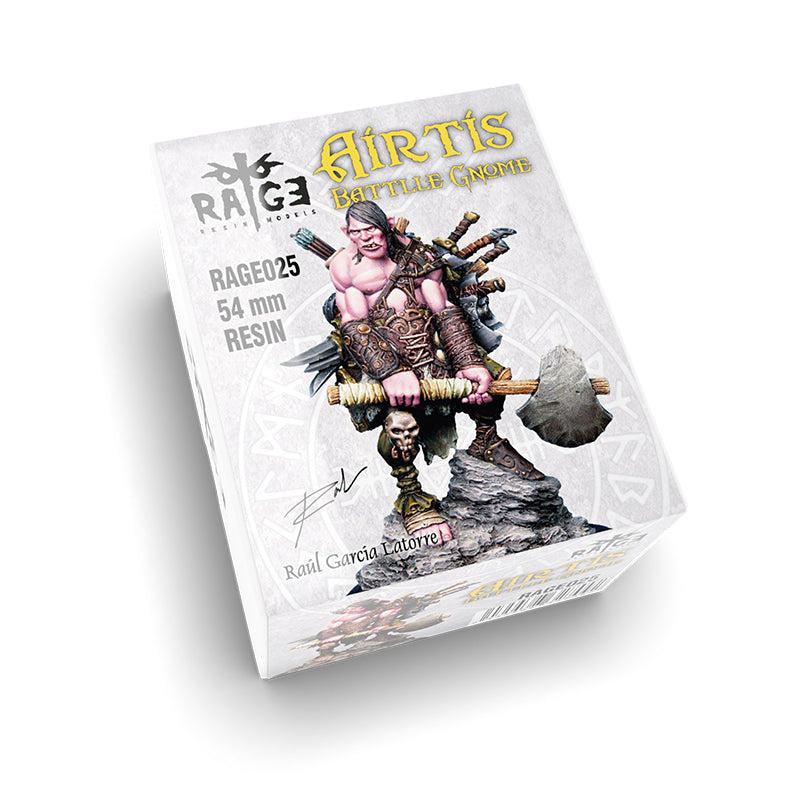 White box for the Airtis Battle Gnome 54mm resin figure kit, featuring a muscular gnome warrior with a hammer and axes standing on rocks