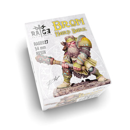 White box packaging for a 54mm Brom Hard Bark figure, showing a heavily armored, bearded warrior with a large spiked club