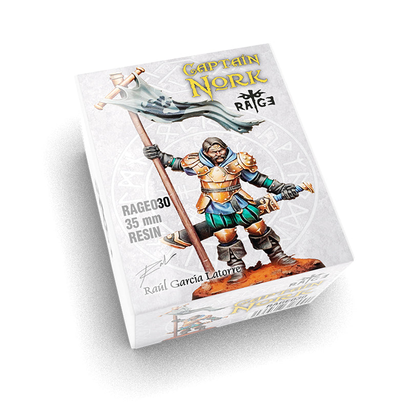 The white box for the Captain Nork Figure 35mm (RAGE030) shows a warrior in armor holding a banner and sword