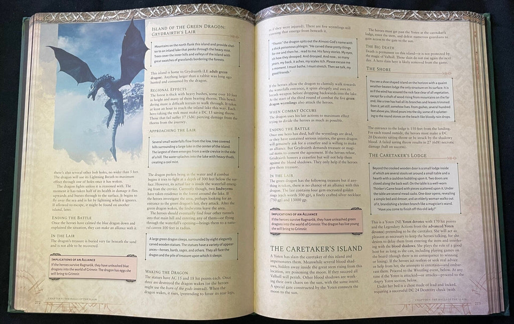 An illustration in a fantasy RPG book shows a large, scaled, winged green dragon descending over a lake