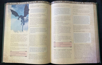 An illustration in a fantasy RPG book shows a large, scaled, winged green dragon descending over a lake