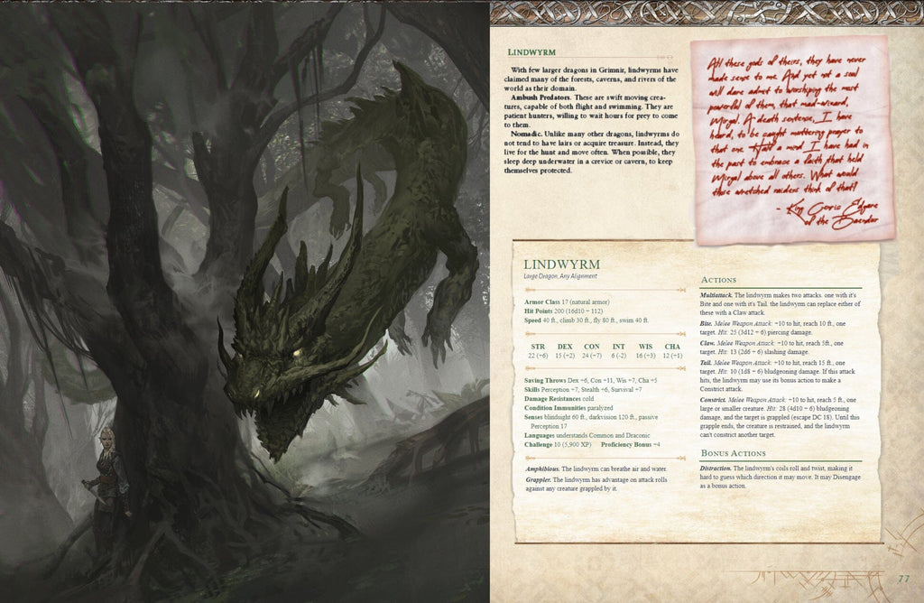 Green Lindwyrm dragon with glowing eyes confronts a sword-wielding woman in a dark forest