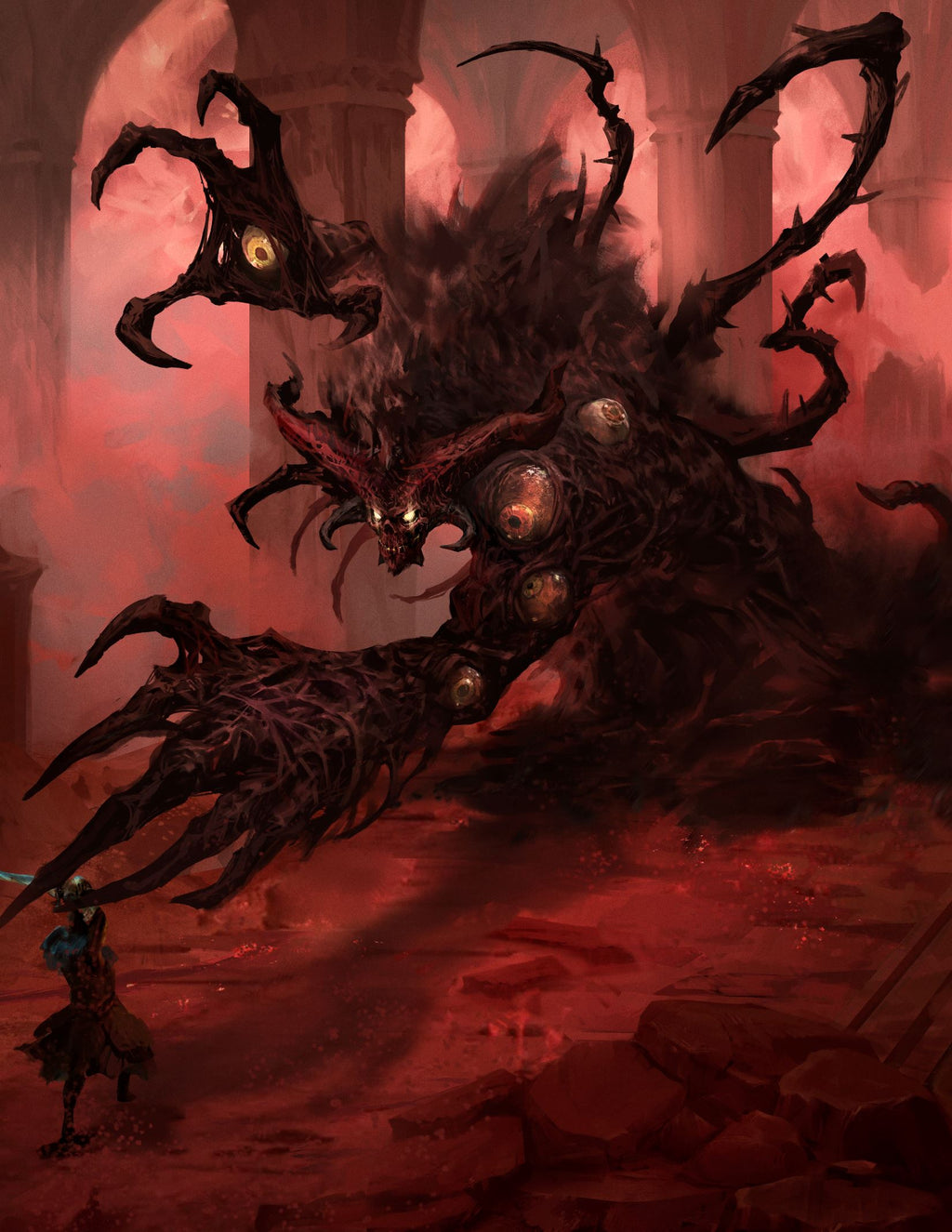 A colossal multi-eyed demon with horns towers over a small warrior wielding a glowing blue sword in a red ruin