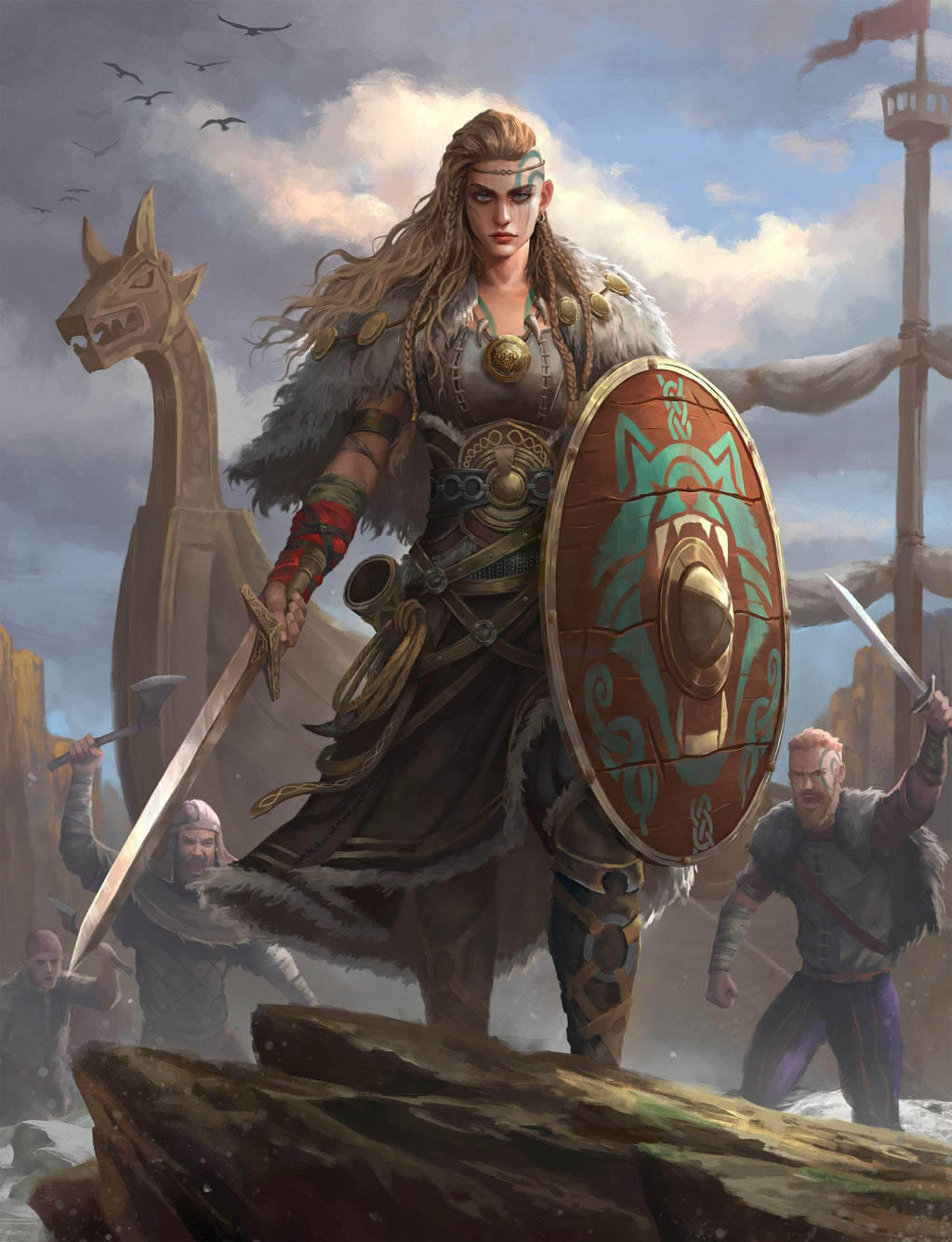 Fierce Viking shieldmaiden with sword and shield stands ready, her crew and longship behind her on a cloudy shore