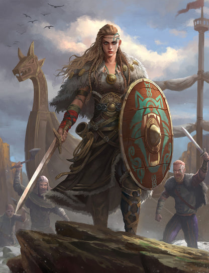Fierce Viking shieldmaiden with sword and shield stands ready, her crew and longship behind her on a cloudy shore